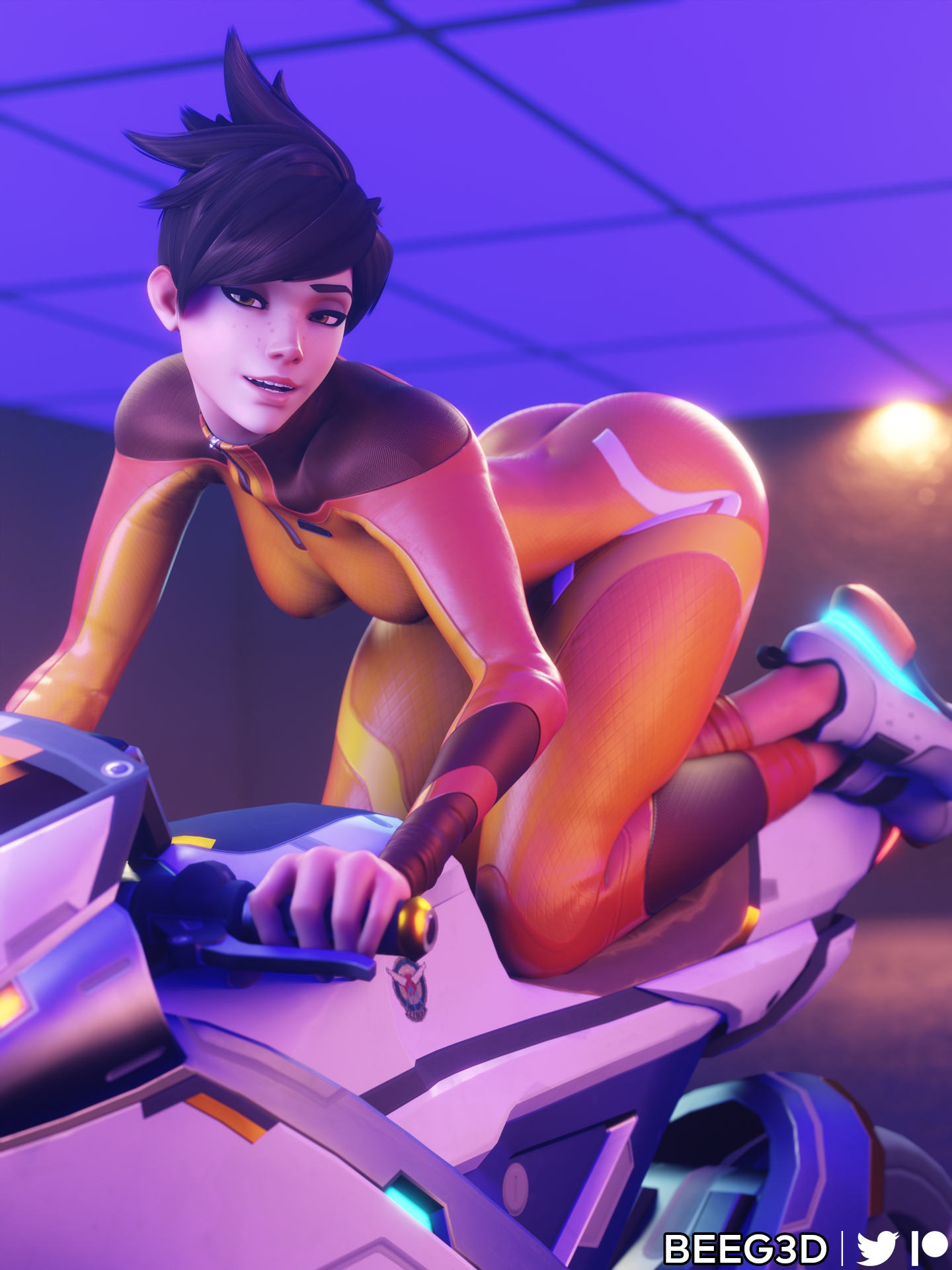 Tracer - Bike Photoshoot Overwatch Tracer Ass Pinup Latex Suit 7