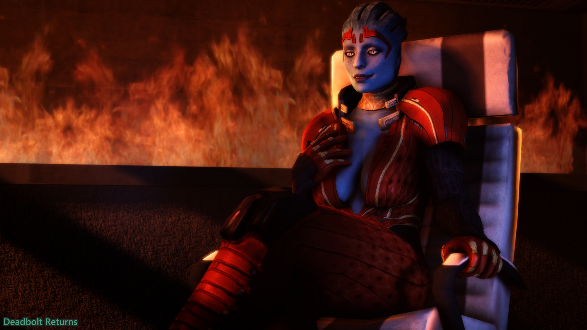 Samara by the Fireside Mass Effect Asari (mass Effect) Samara Sfm Source Filmmaker Rule 34 Rule34