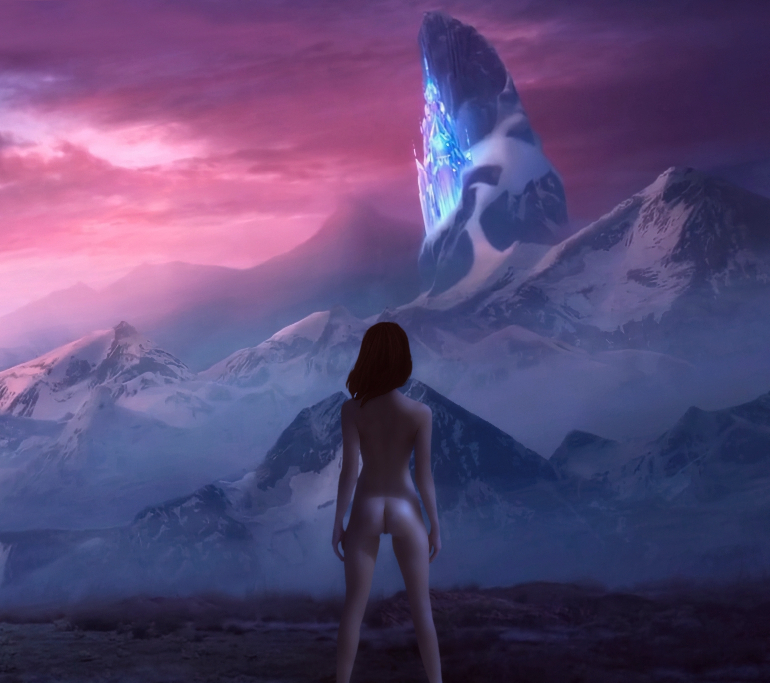 A nude Northuldra girl looking at the abandoned ice castle of Elsa.