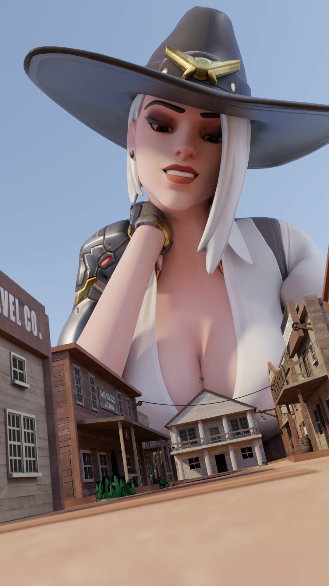 Ashe looming above a Western town Ashe Overwatch Nipples Big Ass Boobs Big boobs Big Tits Ass Sexy Horny Face Horny Giantess 3d Porn