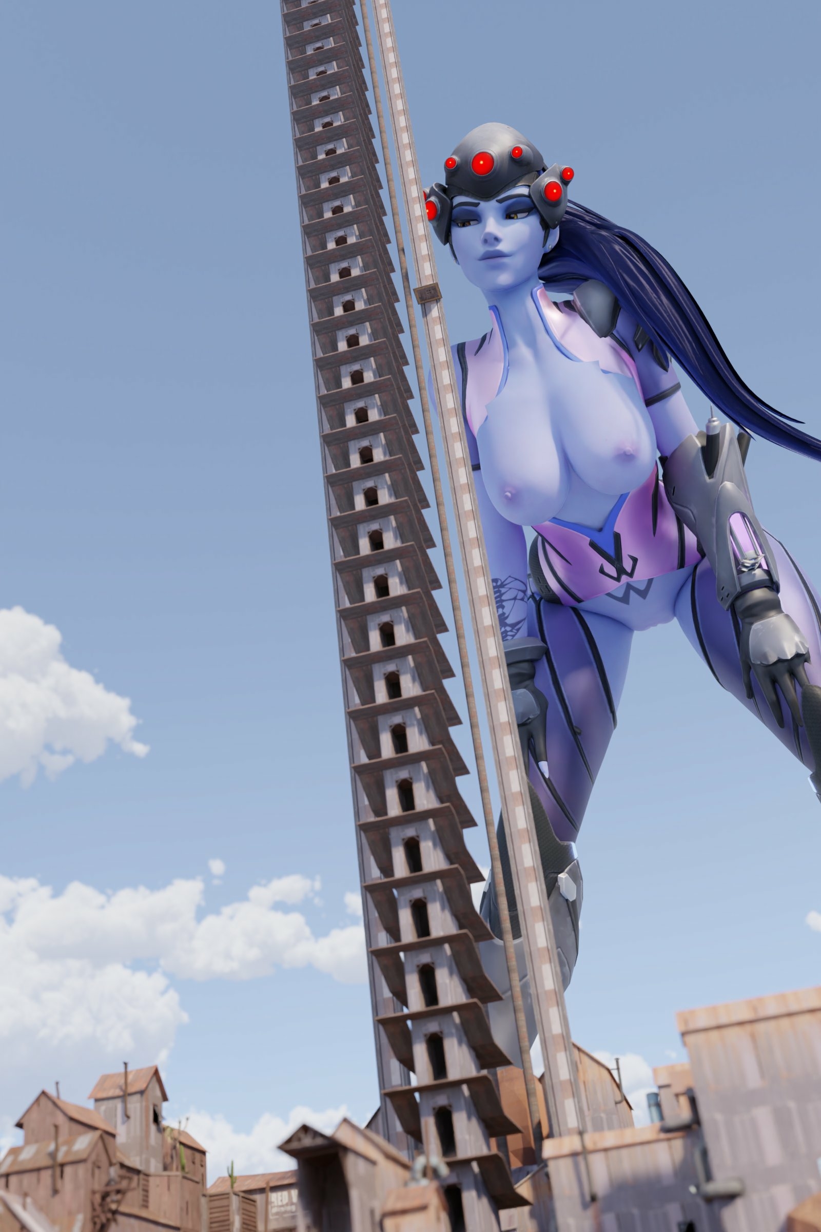 Had a dumb idea where Widow is at Higher Tower Widowmaker Overwatch Lingerie Sexy Lingerie Nipples Big Ass Boobs Big boobs Big Tits Ass Sexy Horny Face Horny Giantess 3d Porn 3
