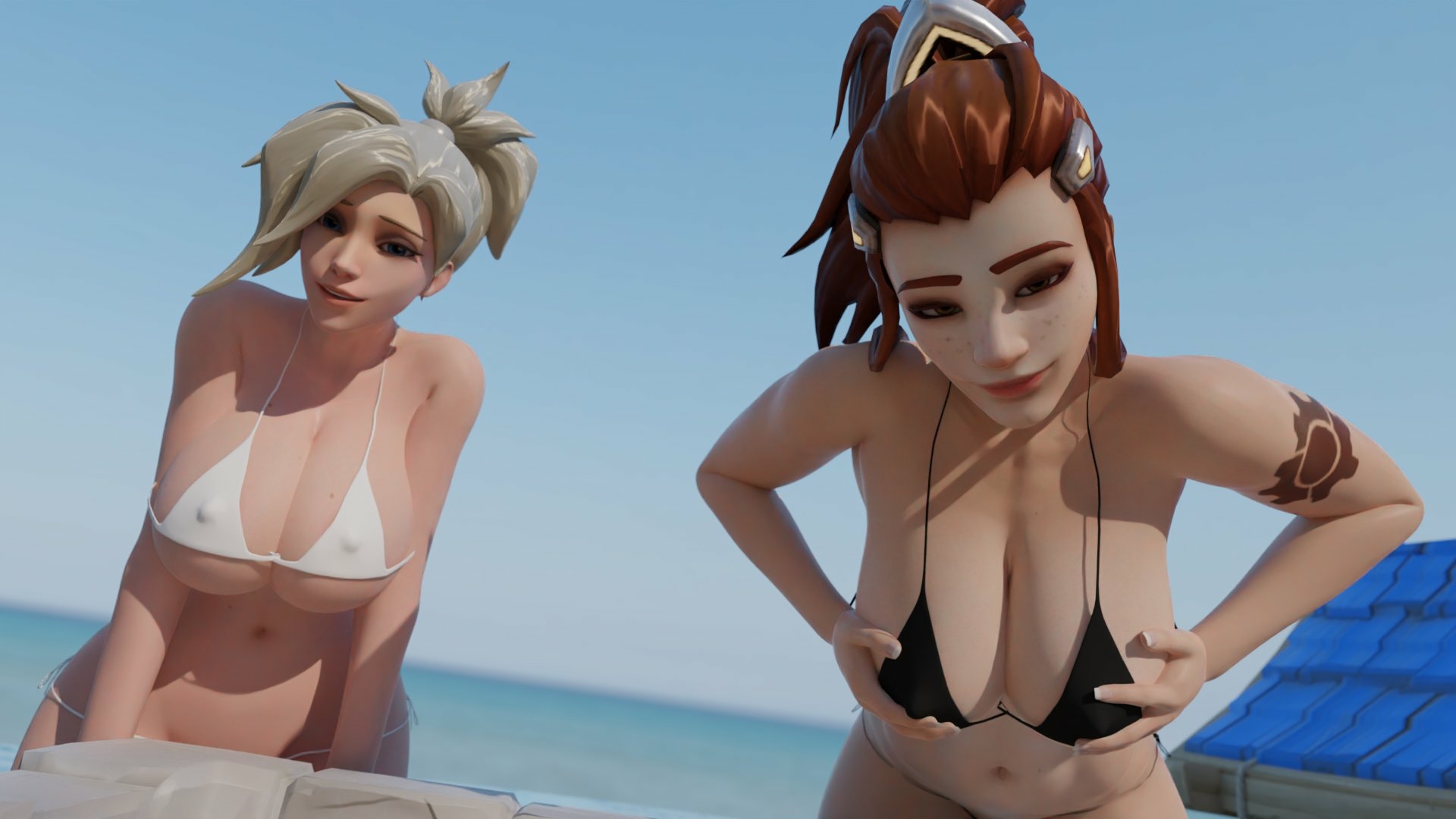 Mercy and Brig looming over towards you on a rooftop Mercy Brigitte Overwatch Nipples Naked Bikini Big Ass Boobs Big boobs Big Tits Ass Sexy Horny Face Horny Giantess 3d Porn