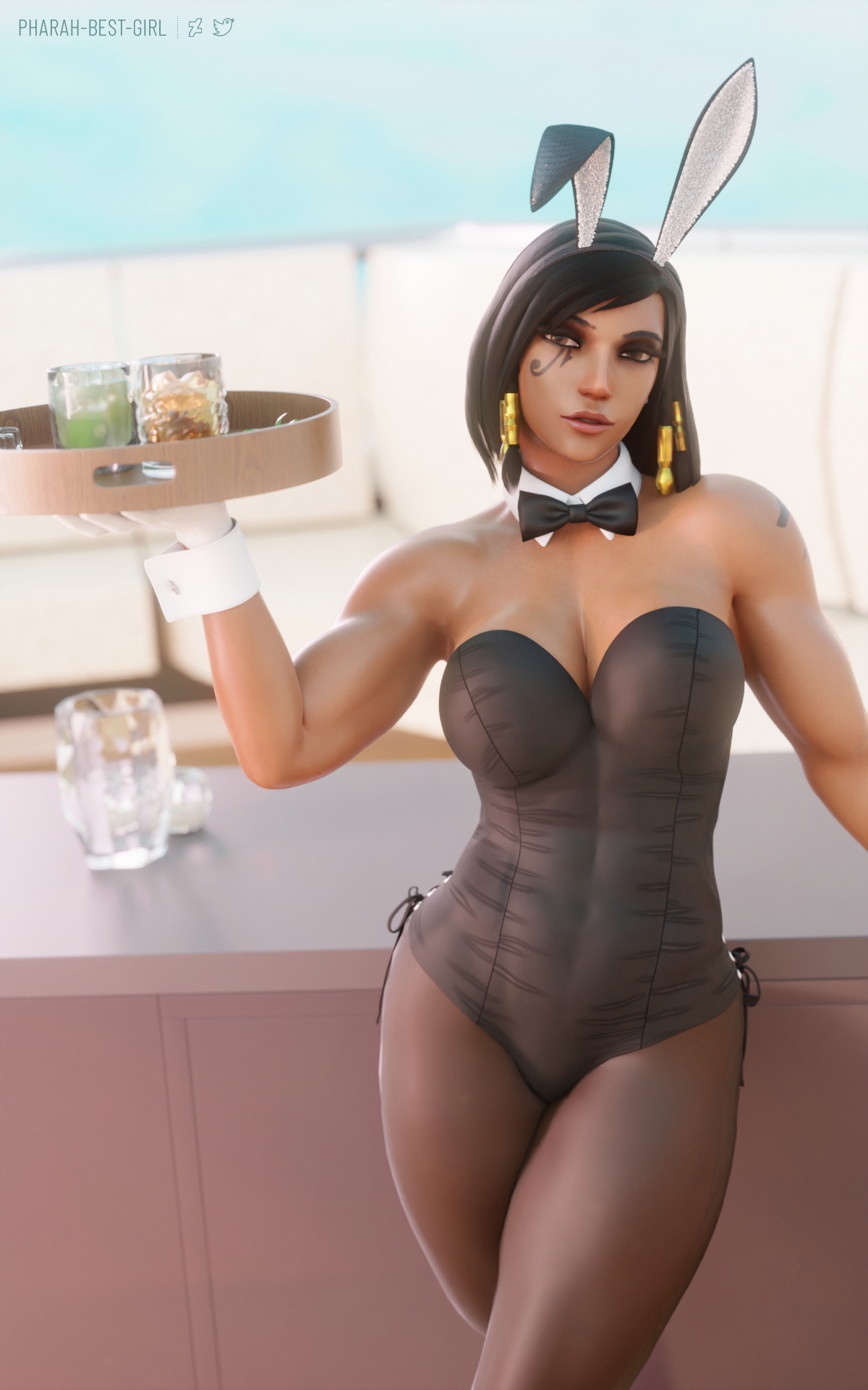 Pinup 157 Pharah (overwatch) Overwatch Pharah Muscular Girl Muscles Musclegirl Brownskin Tomboy Bunny Suit