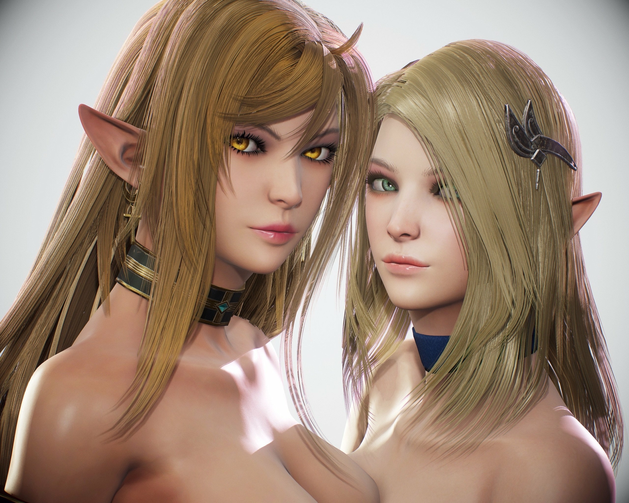Elf Swordmaster and Elf Paladin  Elf Warrior Sisters Bikini Armor Armor Blond Hair Yellow Eyes Green Eyes