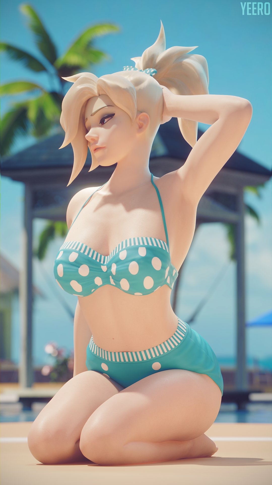 Mercy Pinup Overwatch Mercy Overwatch Pinup Bikini Sexy Posing Beach Outfit Hot 3d Girl Blonde Big Breasts
