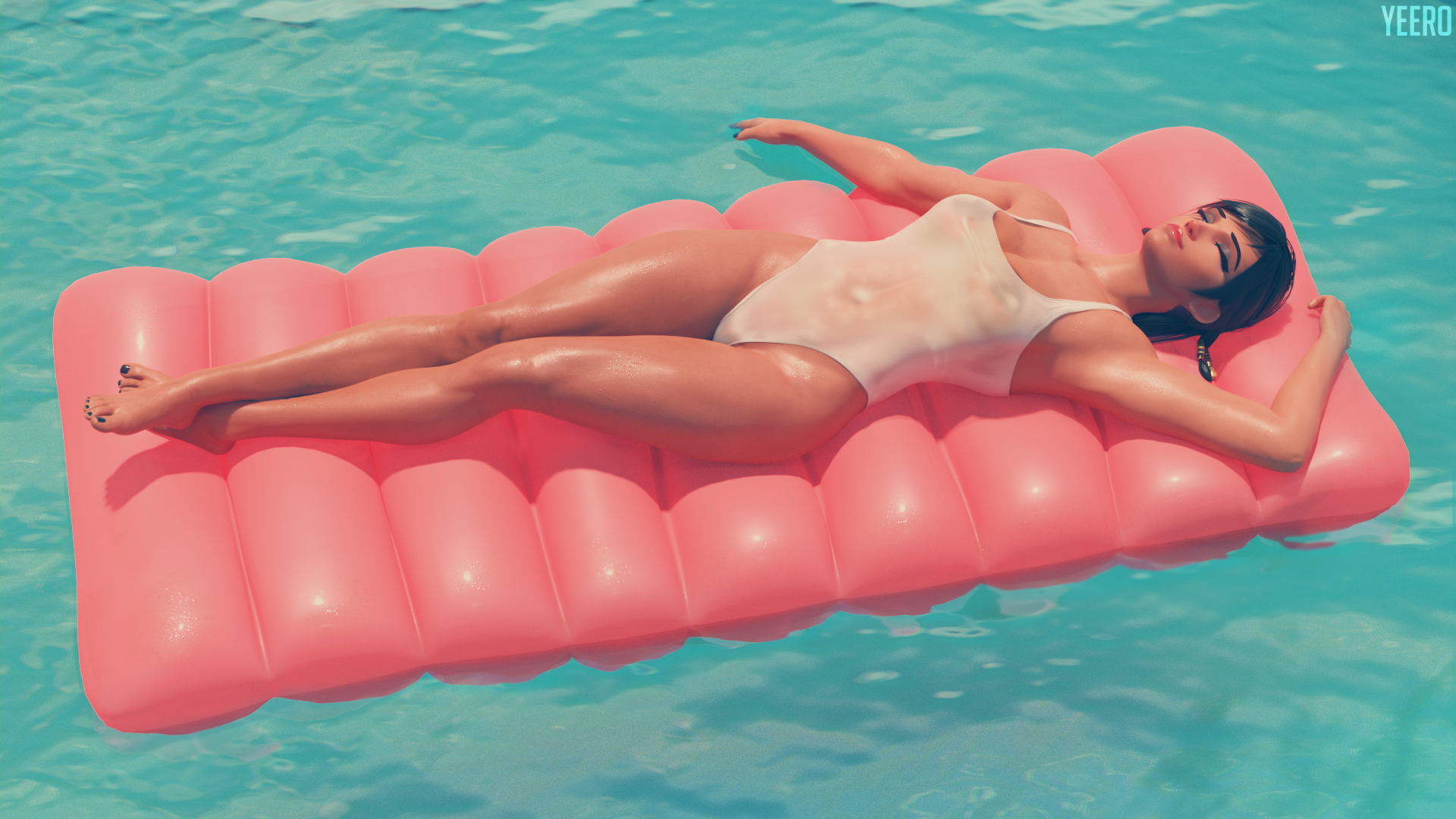 Pharah Pool Float Overwatch Pharah Overwatch Sexy Swimsuit Costume Wet Pool Sunbathing Tanning Big boobs Big Breasts Big Tits 3d Porn 3d Girl Videogame Character