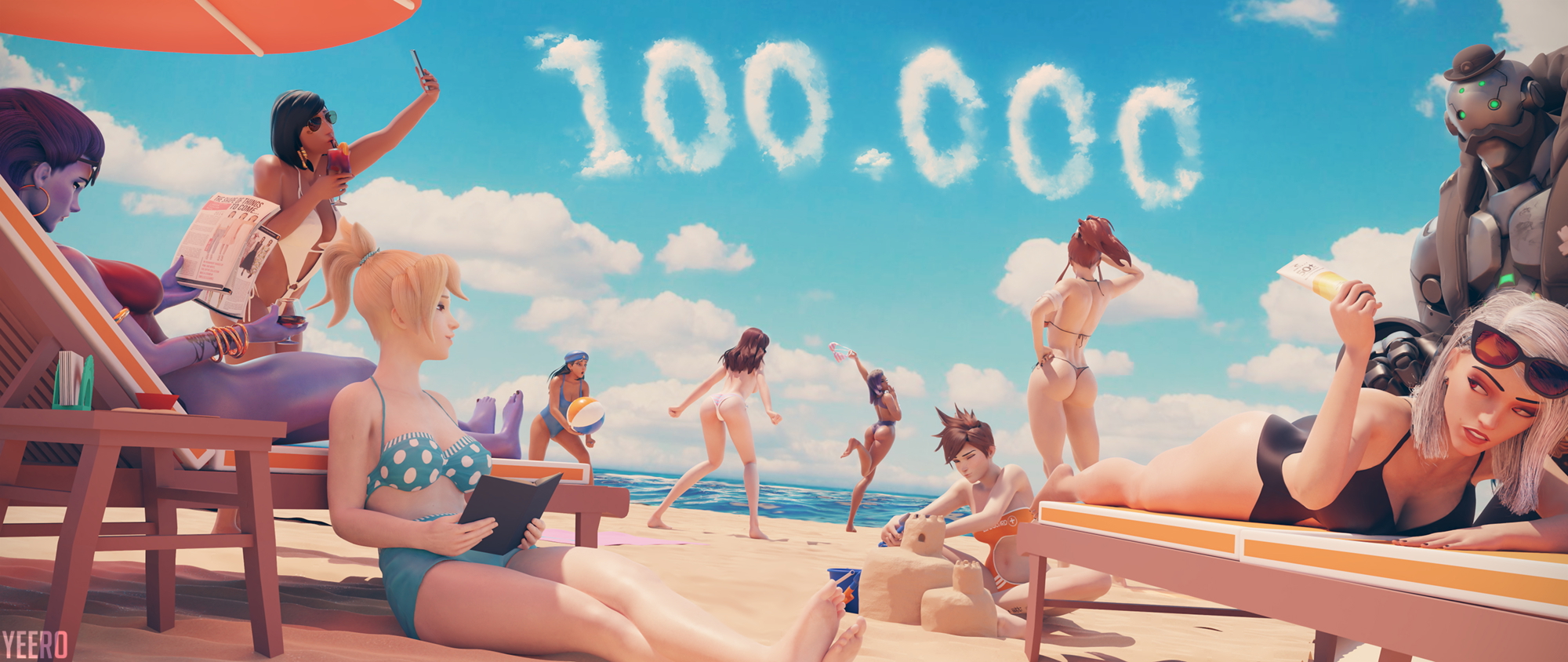 Yeero 100k Milestone Overwatch Overwatch Mercy Ashe Ana (Overwatch) Tracer D.va Widowmaker Brigitte Pharah Sombra Videogame Character Bikini Beach Sexy 3d Girl 2