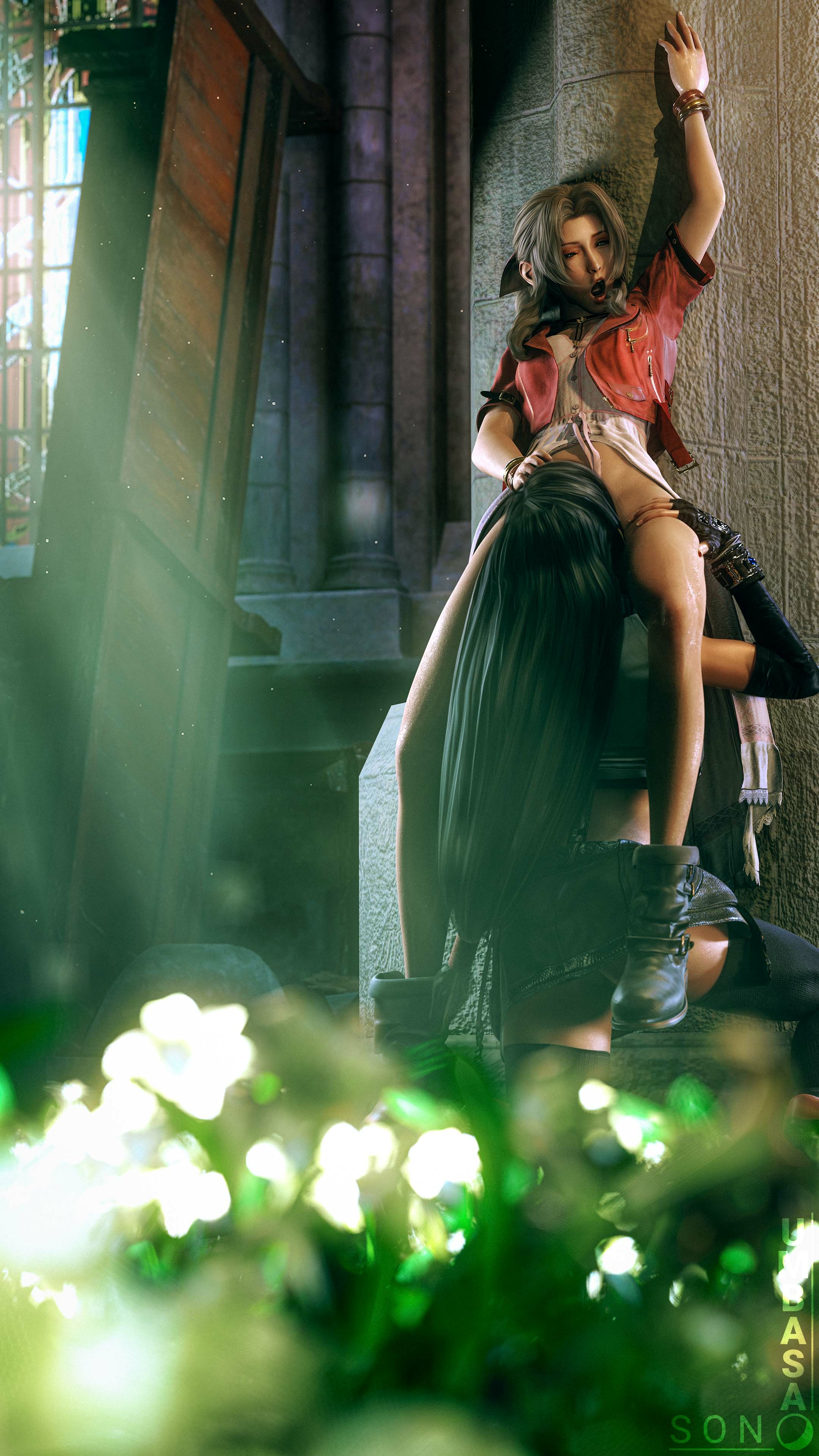 Spoiling Aerith on her birthday Tifa Lockhart Final Fantasy Lingerie Boobs Big boobs Big Tits Ass Cake Horny Face Horny Sexy 3d Porn