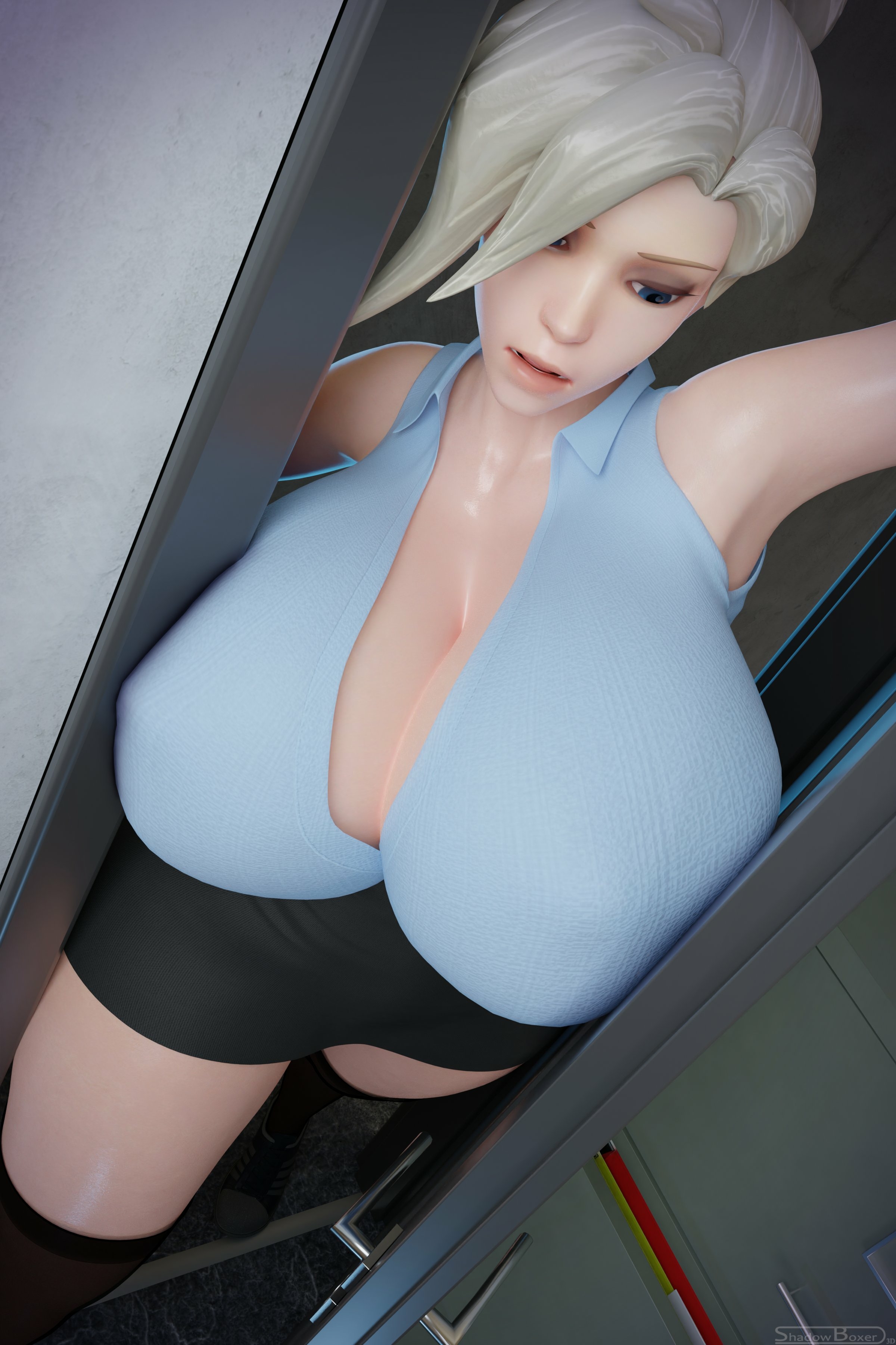 Mercy squeezing through Mercy Overwatch Nipples Boobs Big boobs Ass Cake Big Ass Big Tits Tits Sexy Horny Face Horny 3d Porn